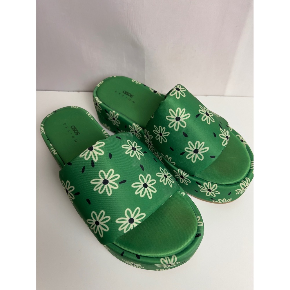 ASOS DESIGN Green Daisy Floral Platform Slide Sandals Flatforms US 10